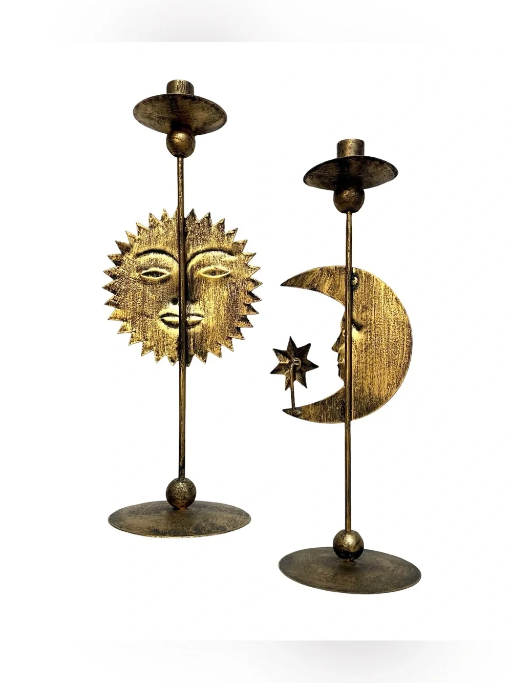 16” Celestial Sun Moon Star Brass Tone Taper Candle Holders Pair